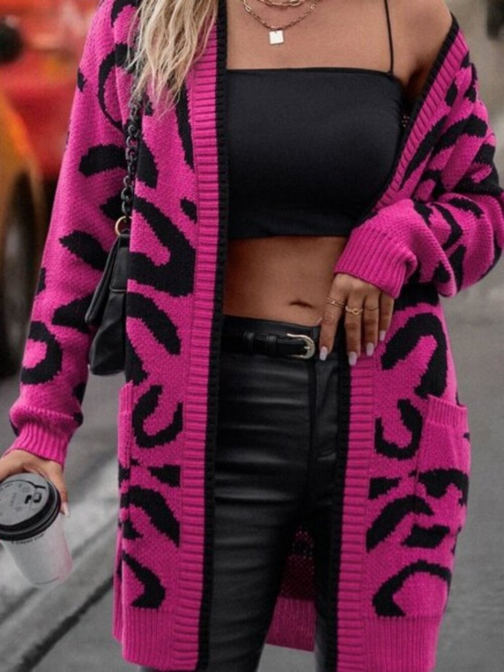 Hot Pink Casual Women's Graphic Shoulder Pocket Duster Cardigan